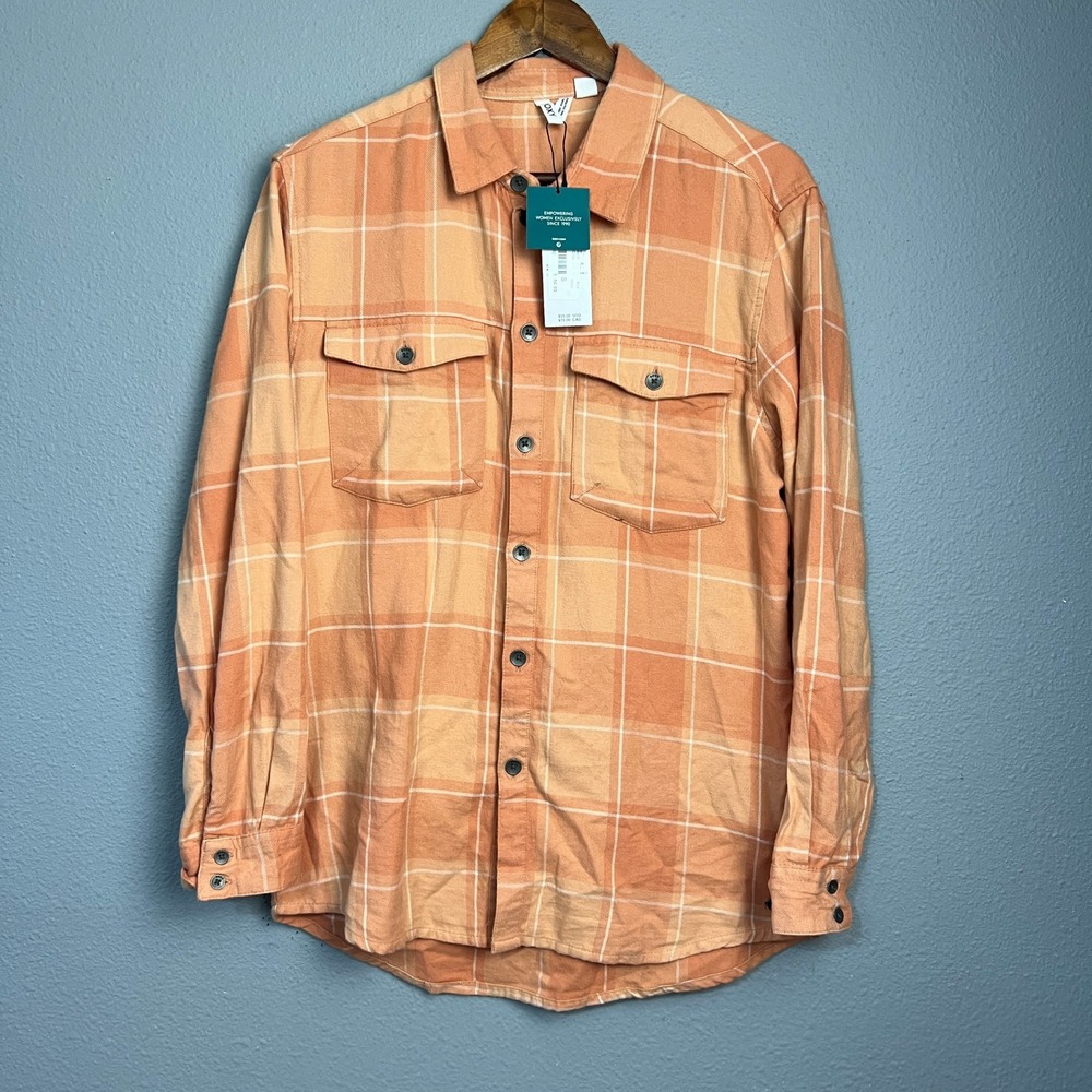 Roxy Turn Up Plaid Shirt Jacket Womens Small Peach Orange White Flannel NWT